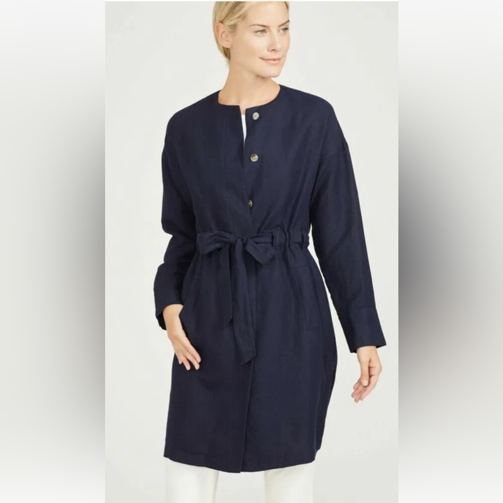 NWT J McLaughlin Sondra Linen Blend Blue Lightweight Coat Tie Waist Size Small